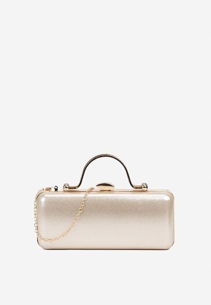 Złota Torebka Kopertówka z Cyrkoniami Łańcuszkiem i Ozdobną Rączką Evalagia. Żółte torebki wieczorowe Born2be, bez wzorów, z jeansu, eleganckie, bez kołnierzyka, bez ramiączek. Za 89.99 zł.