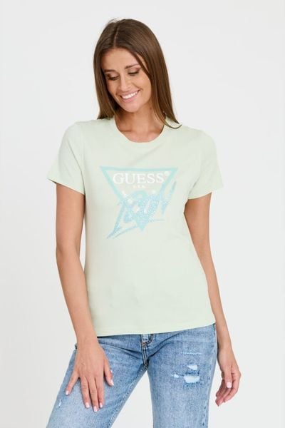 GUESS Miętowy damski t-shirt bawełniany Icon Tee, Rozmiar M. Zielone t-shirty damskie Guess, m, z aplikacjami, z bawełny, bez kołnierzyka. W wyprzedaży za 144.99 zł.