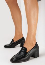 Czarne Półbuty na Słupku z Kwadratowym Noskiem i Ozdobnym Paskiem Smotere. Czarne półbuty damskie Born2be, bez wzorów, eleganckie, bez obcasa, na słupku. Za 84.99 zł.