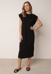 Czarna Sukienka Pudełkowa w Stylu T-shirtowym Zanisea. Czarne sukienki damskie Born2be, na co dzień, bez wzorów, z materiału, bez kołnierzyka, bez ramiączek, midi, dopasowane. Za 89.99 zł.