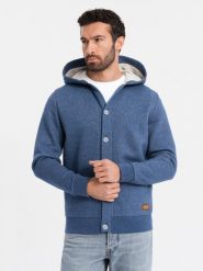 Bluza męska dresowa z kapturem zapinana na guziki – granatowy melanż V1 OM-SSZP-0186 - XXL. Niebieskie bluzy z kapturem męskie Ombre Clothing, l, z bawełny. Za 143.99 zł.