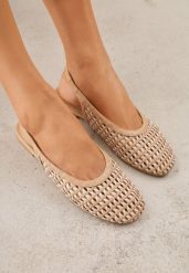 Ciemnobeżowe Plecione Baleriny Typu Slingback Ellariell. Brązowe baleriny damskie Renee, bez wzorów, z jeansu, bez obcasa, na płaskiej podeszwie. Za 99.99 zł.