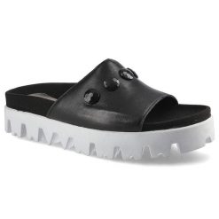 Klapki damskie Simen, ze skóry licowej z ozdobnymi kamieniami , czarne, 224A-Sandro-04. Czarne klapki damskie Simen, bez wzorów, ze skóry, bez obcasa, na platformie. Za 169.00 zł.