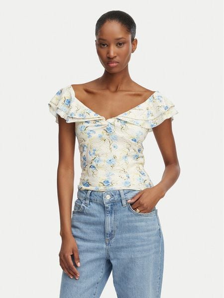 Guess Bluzka W6GP23 K3106 Kremowy Regular Fit. Białe bluzki damskie Guess, xxl, z aplikacjami, z syntetyku, bez kołnierzyka, bez ramiączek. Za 294.99 zł.