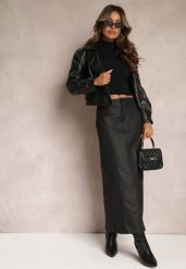 Czarna Maxi Trapezowa Spódnica z Ekoskóry Agapito. Czarne spódniczki damskie Renee, l, bez wzorów, z materiału, maxi, trapezowe. Za 84.99 zł.
