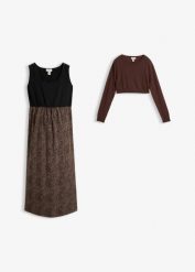 Zestaw 3 w 1: sukienka i sweter z funkcją karmienia (2 części). Brązowe swetry klasyczne damskie bonprix, bez kołnierzyka. Za 209.99 zł.