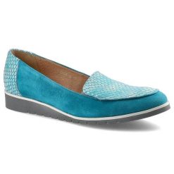 Półbuty damskie Gamis, naturalna skóra zamszowa i profilowana wkładka, turkusowe, 1820-W68-W60. Niebieskie półbuty damskie GAMIS, bez wzorów, z jeansu, eleganckie, bez obcasa, na koturnie. Za 189.00 zł.