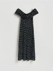 Sukienka midi w groszki - ciemnobrązowy. Brązowe sukienki damskie Reserved, na co dzień, l, bez wzorów, z tkaniny, bez kołnierzyka, bez ramiączek, midi, proste. Za 149.99 zł.