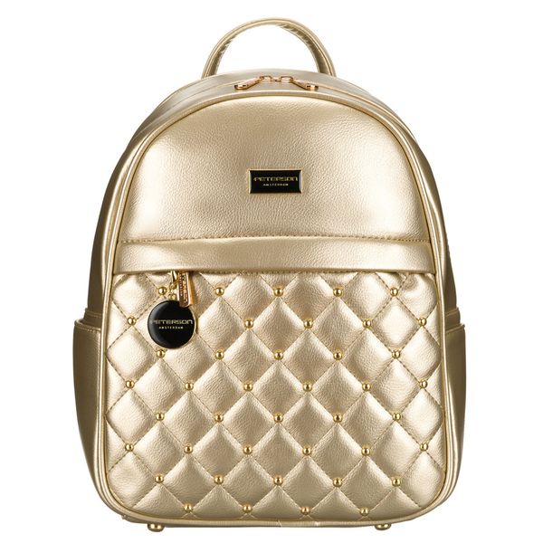 Złoty pikowany błyszczący plecak damski ze skóry ekologicznej mały Peterson. Żółte plecaki damskie Peterson, z aplikacjami, ze skóry ekologicznej. Za 139.99 zł.