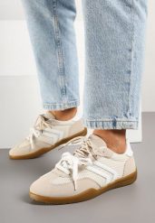 Beżowe Sneakersy Tenisówki z Geometrycznym Motywem Telanilia. Brązowe trampki i tenisówki damskie Born2be, bez wzorów, z jeansu. Za 89.99 zł.