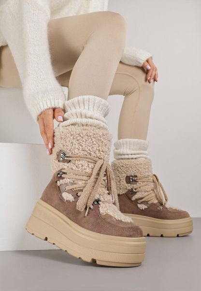 Beżowe Śniegowce na Grubej Podeszwie ze Sznurowaną Cholewką z Futerkiem Zerisa. Brązowe śniegowce damskie Renee, z jeansu. Za 159.99 zł.