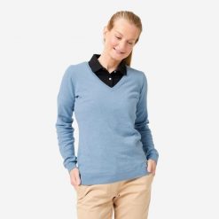 Sweter do golfa damski Inesis MW100 dekolt w serek. Niebieskie golfy damskie INESIS, l, bez wzorów, z bawełny, bez ramiączek. Za 69.99 zł.