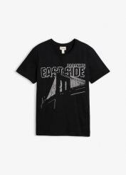 T-shirt z czystej bawełny organicznej, slim fit. Czarne t-shirty męskie bonprix, m, bez wzorów, z bawełny, bez kołnierzyka. Za 52.99 zł.