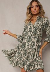 Zielona Sukienka z Bawełny o Rozkloszowanym Kroju Wykończona Falbanką Niloa. Zielone sukienki damskie Renee, na imprezę, na lato, l, bez wzorów, z bawełny, eleganckie, bez kołnierzyka, bez ramiączek, mini, rozkloszowane. W wyprzedaży za 41.99 zł.