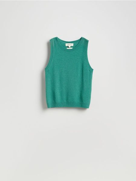 Wełniana kamizelka - zielony. Zielone kamizelki damskie Reserved, l, z dzianiny. Za 139.99 zł.