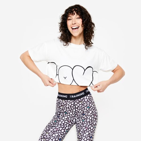 Koszulka fitness damska Domyos crop top loose. Bluzki sportowe damskie DOMYOS, l, z bawełny, bez kołnierzyka, bez ramiączek. W wyprzedaży za 49.99 zł.