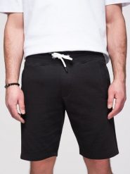 Bawełniane męskie spodenki ze ściągaczem i kieszeniami - czarne V5 - Rozmiar: M. Czarne szorty męskie Ombre Clothing, na lato, z aplikacjami, z bawełny, sportowe. Za 149.99 zł.