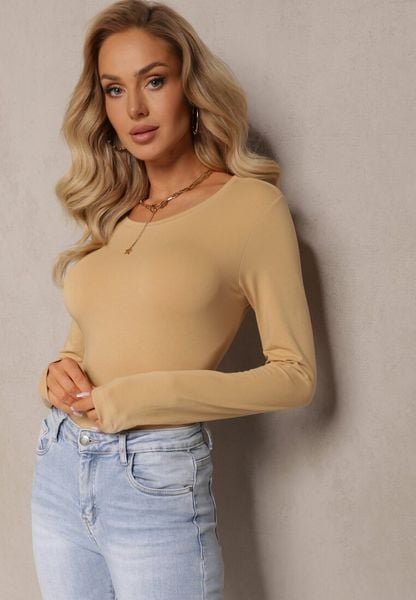 Beżowa Klasyczna Bluzka z Elastycznej Bawełny z Długimi Rękawami Kassape. Brązowe bluzki damskie Renee, l, bez wzorów, z bawełny, eleganckie, bez kołnierzyka, bez ramiączek. Za 29.99 zł.