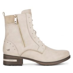 Trzewiki Mustang. Białe botki damskie Mustang, bez obcasa, na słupku, bez zapięcia. Za 259.99 zł.