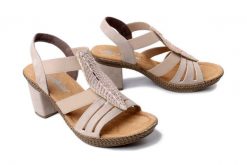 Rieker 66526-62 beige, sandały damskie. Brązowe sandały damskie Rieker, bez wzorów, ze skóry ekologicznej, bez obcasa, na obcasie. Za 319.90 zł.