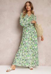 Zielona Wiskozowa Sukienka Maxi w Kwiaty z Gumką w Pasie i Kopertowym Dekoltem Elinne. Zielone sukienki damskie Renee, l, bez wzorów, z materiału, bez kołnierzyka, bez ramiączek, maxi, kopertowe. W wyprzedaży za 111.99 zł.