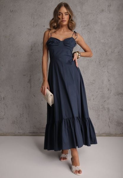 Granatowa Rozkloszowana Sukienka z Bawełny z Wiązanymi Ramiączkami Milistia. Niebieskie sukienki damskie Renee, na co dzień, m, bez wzorów, z bawełny, eleganckie, bez kołnierzyka, bez ramiączek, maxi, gorsetowe. Za 169.99 zł.