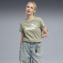Damska koszulka z logo ESS No. 1 PUMA Lux Army Green. Zielone bluzki damskie Puma, bez wzorów, bez ramiączek. Za 99.00 zł.