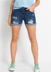 Szorty dżinsowe mid waist z ozdobnymi przetarciami. Niebieskie szorty damskie bonprix, bez wzorów, z jeansu. Za 114.99 zł.