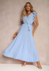 Niebieska Kopertowa Sukienka z Gumką w Pasie i Materiałowym Paskiem Ozdobiona Falbankami Tiamatalia. Niebieskie sukienki damskie Renee, na imprezę, l, bez wzorów, z materiału, eleganckie, bez kołnierzyka, bez ramiączek, maxi, kopertowe. W wyprzedaży za 135.99 zł.