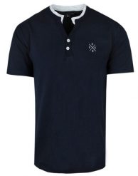 Męska Koszulka (T-Shirt) z Dekoltem na Guziki - Pako Jeans - Granatowa. Niebieskie t-shirty męskie Pako Jeans, m, bez wzorów, z bawełny, bez kołnierzyka. Za 89.00 zł.
