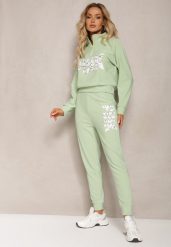 Jasnozielony Komplet z Napisem Bluza Krótka i Spodnie ze Ściągaczami Nimilia. Zielone bluzy bez kaptura damskie Renee, bez wzorów. Za 69.99 zł.