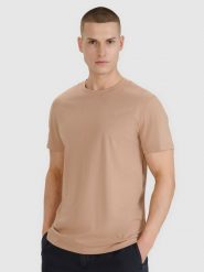 4F T-shirt regular gładki męski - beżowy L. Brązowe t-shirty męskie 4f, l, bez wzorów, z bawełny, bez kołnierzyka. Za 49.99 zł.