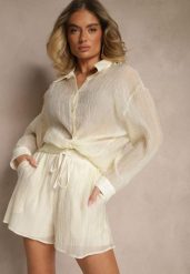 Jasnobeżowy Komplet z Tkaniny z Cyrkoniami Koszula i Szorty Jeniviela. Brązowe koszule damskie Renee, bez wzorów, z tkaniny, eleganckie. Za 129.99 zł.