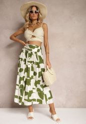 Zielono-Beżowa Rozkloszowana Spódnica High Waist z Gumką w Talii i Guzikami Tinasshi. Zielone spódniczki damskie Renee, na lato, m, bez wzorów, z materiału, z podwyższonym stanem, maxi, rozkloszowane. Za 69.99 zł.