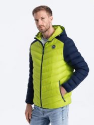Nylonowa dwukolorowa pikowana kurtka męska w stylu sportowym – limonkowa V4. Kurtki męskie Ombre Clothing, l, z aplikacjami, z materiału, sportowe, bez kaptura. W wyprzedaży za 79.99 zł.
