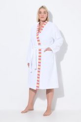 Damskie szlafrok z dzianiny dresowej brzegi w paski wiązany pasek długi rękaw. Białe szlafroki damskie Ulla Popken, plus size, bez wzorów, z bawełny, plus size. Za 223.99 zł.