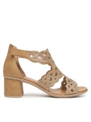 Rieker Sandały 64773-61 Beżowy. Brązowe sandały damskie Rieker, bez wzorów, z materiału, bez obcasa, na słupku. Za 349.99 zł.