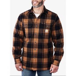 Koszula turystyczna męska Carhartt Flannel Sherpa-Lined Shirt Jac. Brązowe koszule męskie Carhartt, m, bez wzorów, bez kołnierzyka, bez ramiączek. Za 619.00 zł.