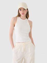 4F Top slim z prążkowanej dzianiny damski - biały S. Białe topy damskie 4f, s, bez wzorów, z bawełny, bez kołnierzyka. W wyprzedaży za 39.99 zł.