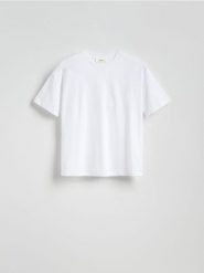 T-shirt oversize z merceryzowanej bawełny - biały. Białe t-shirty damskie Reserved, l, bez wzorów, z bawełny, bez kołnierzyka. Za 119.99 zł.