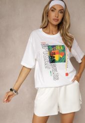 Biała Koszulka T-shirt z Bawełny Zdobiona Oryginalnym Nadrukiem Savindrae. Białe t-shirty męskie Renee, l, z aplikacjami, z bawełny, bez kołnierzyka. Za 29.99 zł.