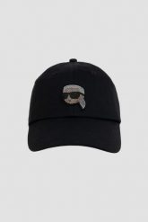 KARL LAGERFELD Czarna damska czapka z daszkiem Ikon Rhinestones. Czarne czapki z daszkiem damskie Karl Lagerfeld, z aplikacjami, z bawełny. W wyprzedaży za 229.99 zł.