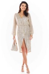 Sukienka wieczorowa cekinowa z dekoltem V szampańska. Sukienki damskie Sukienki.shop, na imprezę, s, bez wzorów, wizytowe, bez kołnierzyka, bez ramiączek. Za 269.00 zł.