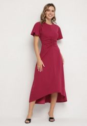 Bordowa Rozkloszowana Sukienka Ozdobiona Marszczeniem Odallica. Czerwone sukienki damskie Born2be, m, bez wzorów, eleganckie, bez kołnierzyka, bez ramiączek, maxi, rozkloszowane. W wyprzedaży za 67.99 zł.