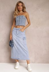 Jasnoniebieska Spódnica Jeansowa Midi Typu Cargo z Kieszeniami Dyleta. Niebieskie spódniczki damskie Renee, s, bez wzorów, z jeansu, maxi, trapezowe. Za 64.99 zł.