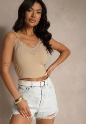 Beżowy Top na Ramiączkach z Bawełny Zdobiony Koronką Saviune. Brązowe topy damskie Renee, l, z aplikacjami, z bawełny, bez kołnierzyka. Za 24.99 zł.