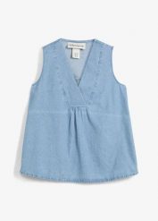 Top dżinsowy. Niebieskie topy damskie bonprix, bez wzorów, bez kołnierzyka. Za 37.99 zł.