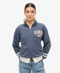 Bluza sportowa z pół-zipem. Niebieskie bluzy bez kaptura damskie Superdry., l, bez wzorów, z bawełny, bez ramiączek, bez kaptura. Za 266.60 zł.