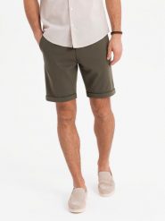 Męskie dzianinowe szorty z podwiniętymi nogawkami – oliwkowe V5 OM-SRCS-0170 - XXL. Zielone szorty męskie Ombre Clothing, z dzianiny, bez kołnierzyka. W wyprzedaży za 109.99 zł.