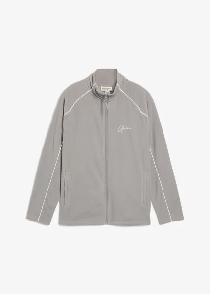 Ciepła bluza rozpinana z polaru, ze sportowymi detalami. Szare bluzy bez kaptura męskie bonprix, l, z polaru. Za 109.99 zł.